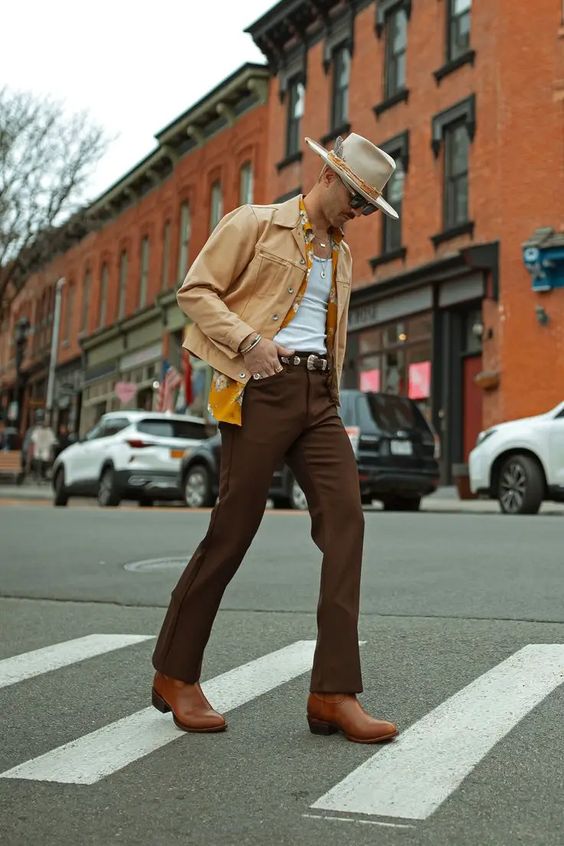 Beige Jacket with Brown Pants and Cowboy Boots 